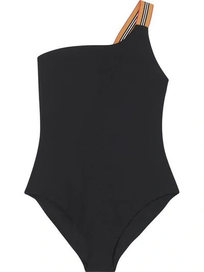 Burberry Icon Stripe Detail One-shoulder Swimsuit In Black