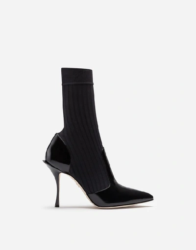 Dolce & Gabbana Shiny Calfskin Ankle Boots With Stockinette In Black