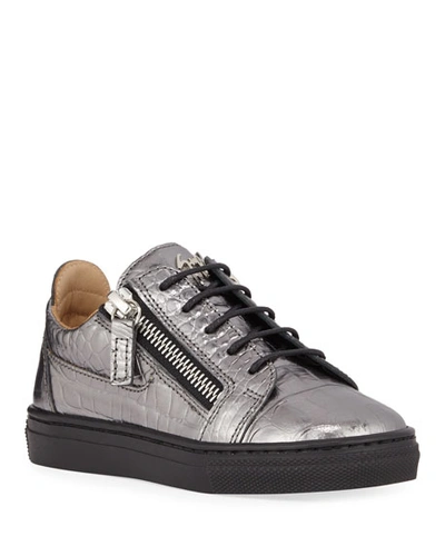 Giuseppe Zanotti London Metallic Embossed Leather Low-top Sneakers, Baby/toddler In Gray