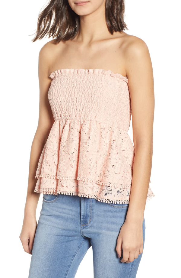 Endless Rose Lace Smocked Peplum Tube Top In Pink | ModeSens