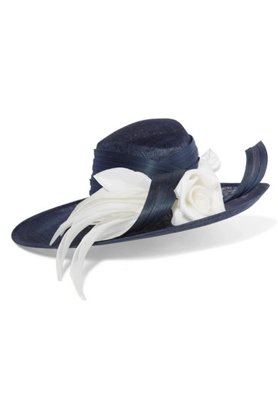 Philip Treacy Buntal And Organdie-trimmed Sinamay Straw Hat In Navy