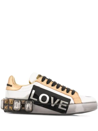 Dolce & Gabbana Embellished Printed Metallic-trimmed Leather Sneakers In White