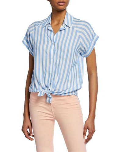 7 For All Mankind Striped Button-down Short-sleeve Tie-front Shirt In Blue/white Stripe