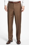 Santorelli Luxury Flat Front Wool Dress Pants In Tobacco