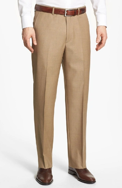 Santorelli Luxury Flat Front Wool Dress Pants In Tan