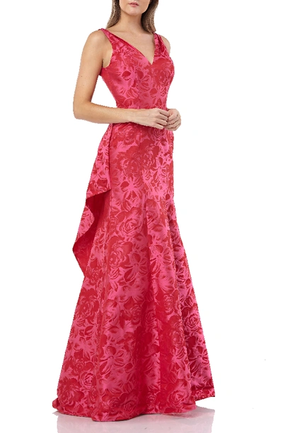 Carmen Marc Valvo Infusion V-neck Sleeveless Jacquard Gown With Back Ruffle In Fuchsia/ Red