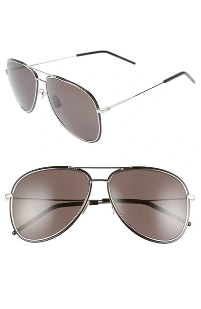 Saint Laurent 61mm Aviator Sunglasses In Silver/ Black Enamel/ Grey
