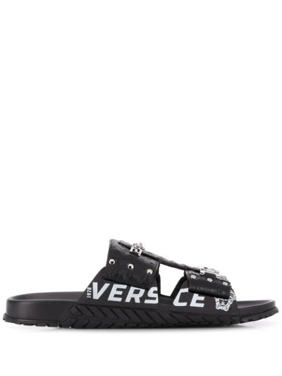 Versace Logo-print Chain-embellished Leather Sandals In Black