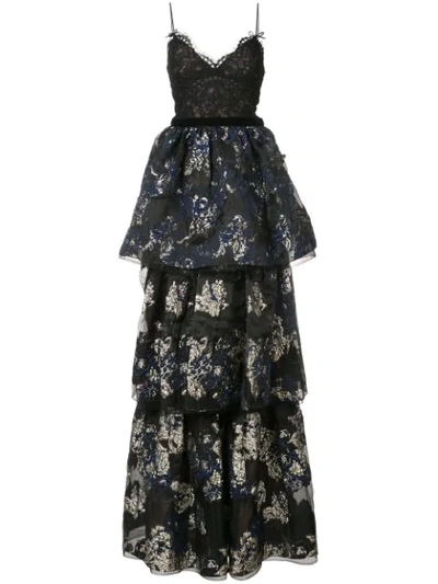 Marchesa Notte Sleeveless Lace-bodice Metallic-brocade Tiered Evening Gown In Black