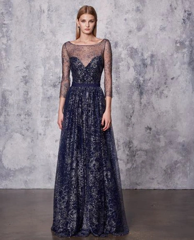 Marchesa Notte Sleeve Navy Blue Glitter Tulle Gown