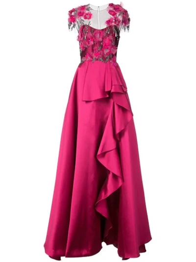 Marchesa Notte Short Sleeve Fuchsia Mikado Ball Gown In Pink