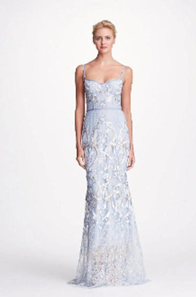 Marchesa Notte Blue Sleeveless Embroidered Corset Gown In Light Blue