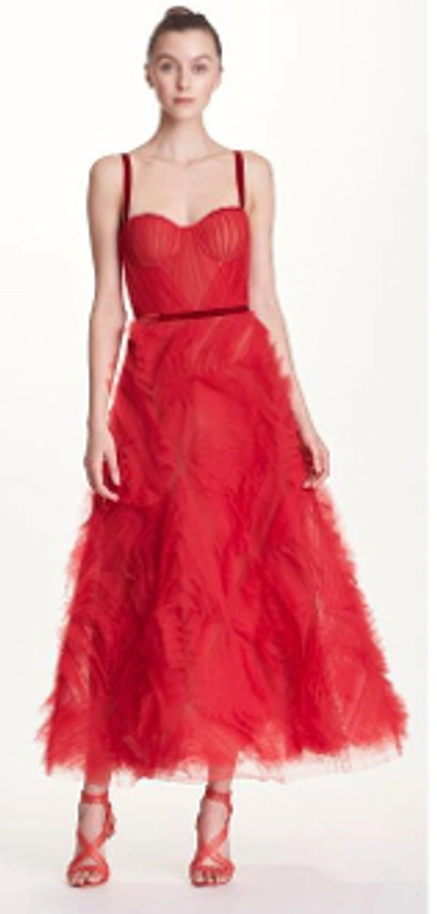 Marchesa Notte Red Sleeveless Textured Tulle Midi Tea Dress