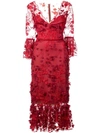 Marchesa Notte 3/4 Sleeve Embroidered Red Midi-tea Dress