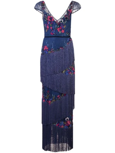 Marchesa Notte Fringe & Lace Detailed Gown In Blue