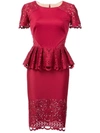 Marchesa Notte Laser-cut Peplum Midi Dress In Red