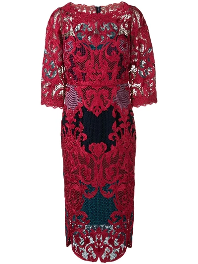 Marchesa Notte Fall/winter 2018  Sleeve Color-block Midi Tea Dress In Red