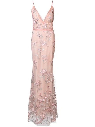 Marchesa Notte Feather Embroidered Sleeveless Gown In Pink