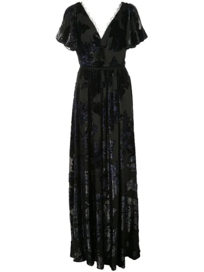 Marchesa Notte Floral Print V-neck Gown In Black