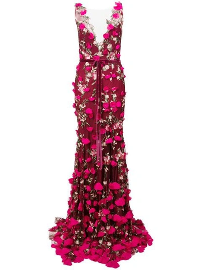 Marchesa Notte Embroidered Floral-appliqué Gown In Wine