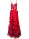 Marchesa Notte Sleeveless Floral V Neck Evening Gown In Red