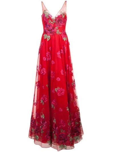 Marchesa Notte Sleeveless Floral V Neck Evening Gown In Red