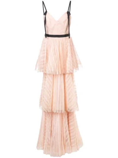 Marchesa Notte Sleeveless Striped Lace Tiered Gown In Pink