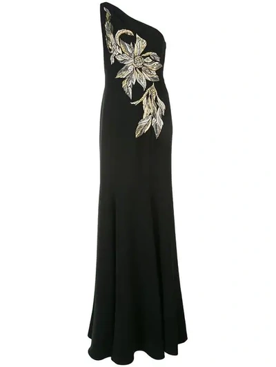 Marchesa Notte One-shoulder Gown In Black