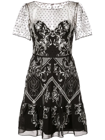 Marchesa Notte Short Sleeve Chiffon And Lace Cocktail Dress In Black