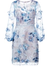 Marchesa Notte Long Sleeve Embroidered Cocktail Dress In Blue