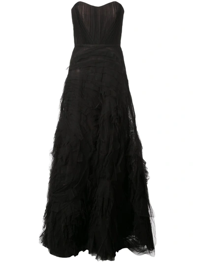 Marchesa Notte Strapless Textured Tulle Gown In Black
