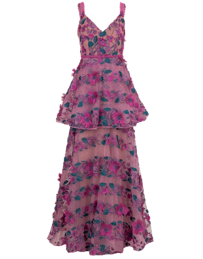 Marchesa Notte Sleeveless Floral Embroidered Tiered Gown In Pink