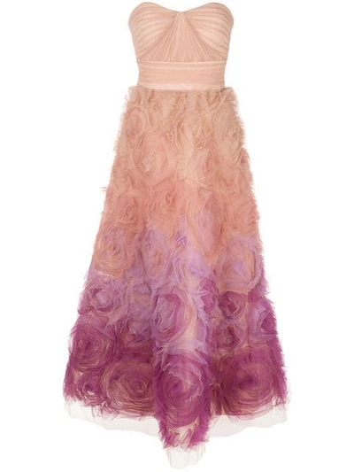 Marchesa Notte Strapless Textured Ombre Midi tea Dress In Pink purple ModeSens