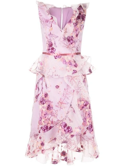 Marchesa Notte Sleeveless V-neck Floral Organza Peplum Dress W/ Ruffle Trim In Lilac