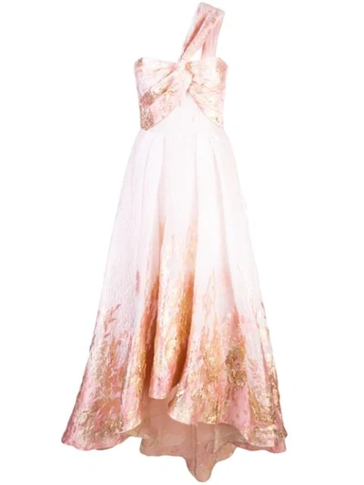 Marchesa Notte One-shoulder Hi_lo Midi Tea Dress In Pink