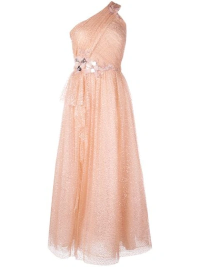Marchesa Notte One Shoulder Glitter Tulle Midi-tea Dress In Pink