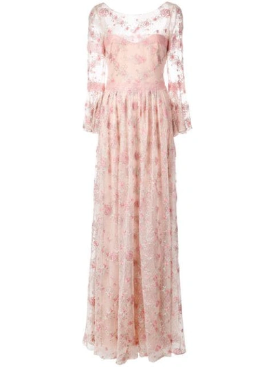Marchesa Notte Floral Embroidered Long Dress In Pink | ModeSens