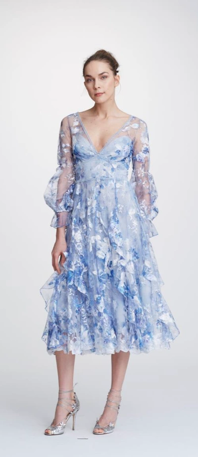 Marchesa Notte Pre fall 2019 Bishop Sleeve Midi Tea Dress In Light Blue ModeSens
