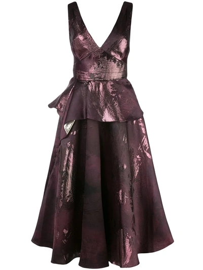 Marchesa Notte Sleeveless Metallic Jacquard Midi-tea Dress In Purple