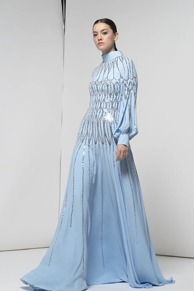 Isabel Sanchis Long Sleeve Esmerald Gown In Blue