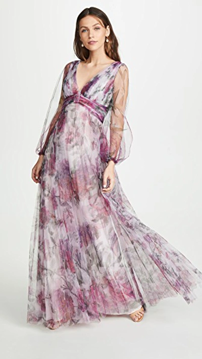 Marchesa Notte Bishop Sleeve Pleated Floral Gown In Ivory | ModeSens