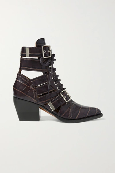 Chloé Rylee Cutout Croc-effect Leather Ankle Boots In Chocolate