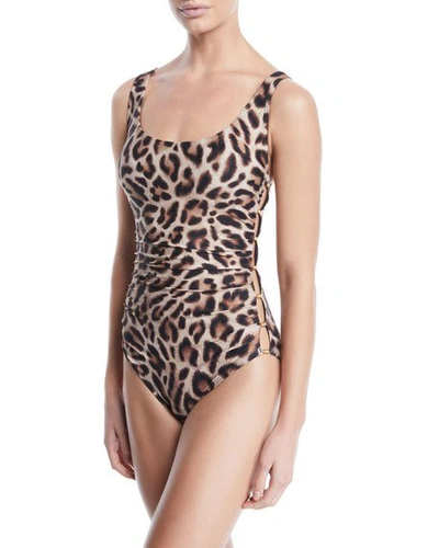 Carmen Marc Valvo Leopard-print Beaded Side-split One-piece Swimsuit In Blonde Leopard