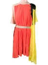 Sacai Satin Pleated Dress In Orange/yellow