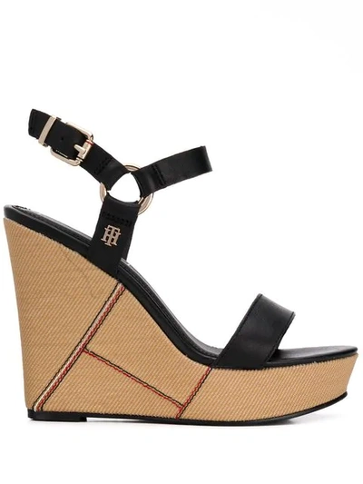 Tommy Hilfiger Woven Wedge Sandals In Black