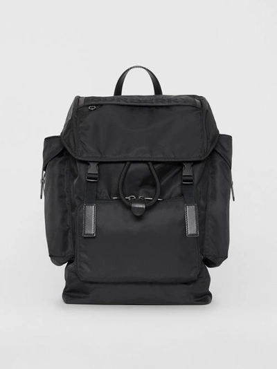 Burberry Large Leather Trim Nylon Backpack In Black