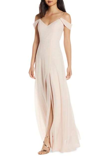 jenny yoo cold shoulder chiffon gown