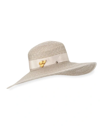 Jane Taylor Large Brimmed Straw Hat W/ Brass Shells In Gray