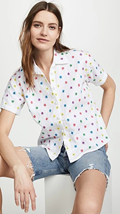 All Things Mochi Nora Floral Embroidered Button-front Short-sleeve Linen Shirt In White