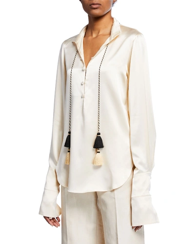 Oscar De La Renta Tasseled Silk Button-front Shirt In Ivory